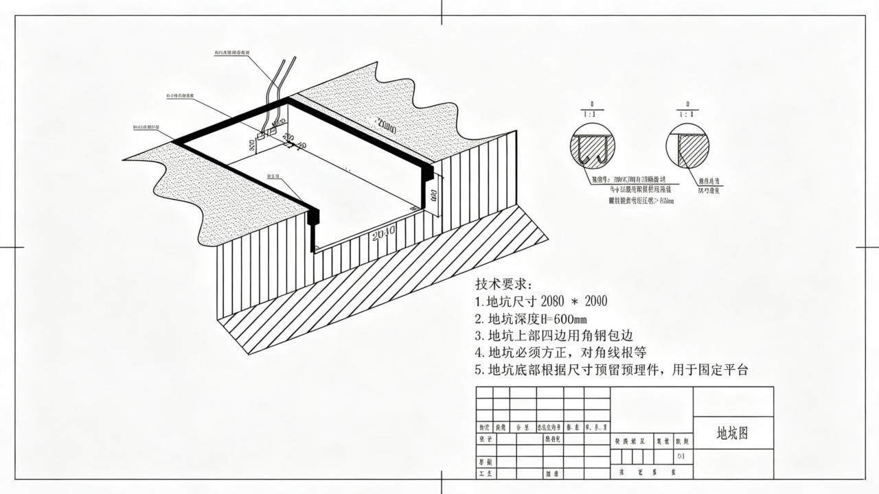 固定登车桥地坑尺寸与精度要求示意图